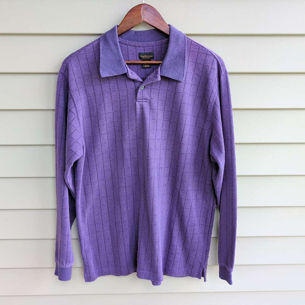 Van Heusen Terry Cloth Polo Mens M Purple Windowpane Long Sleeve